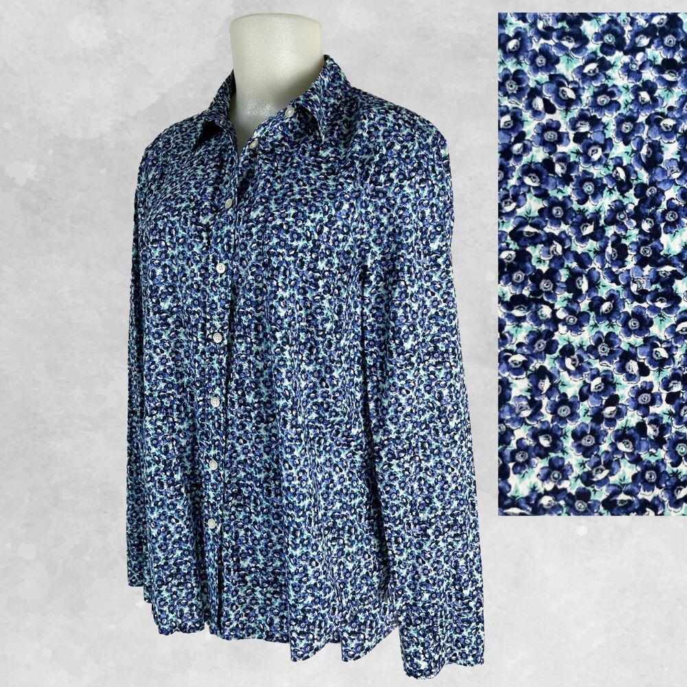 Talbots Long Sleeve Blouse Women's 14 Floral Print Navy Blue Purple Green